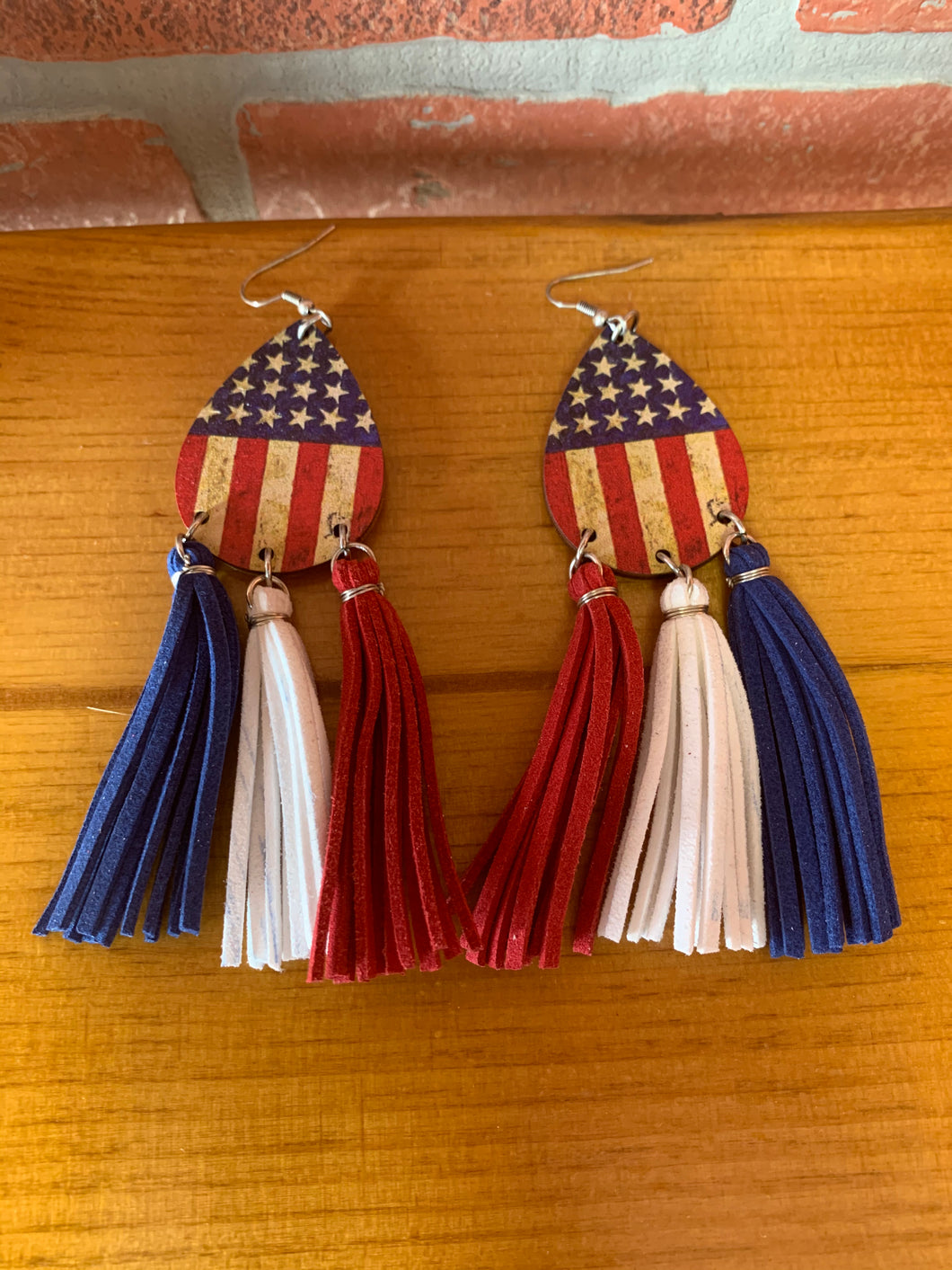 USA Distressed Flag Earrings with Leather Fringe